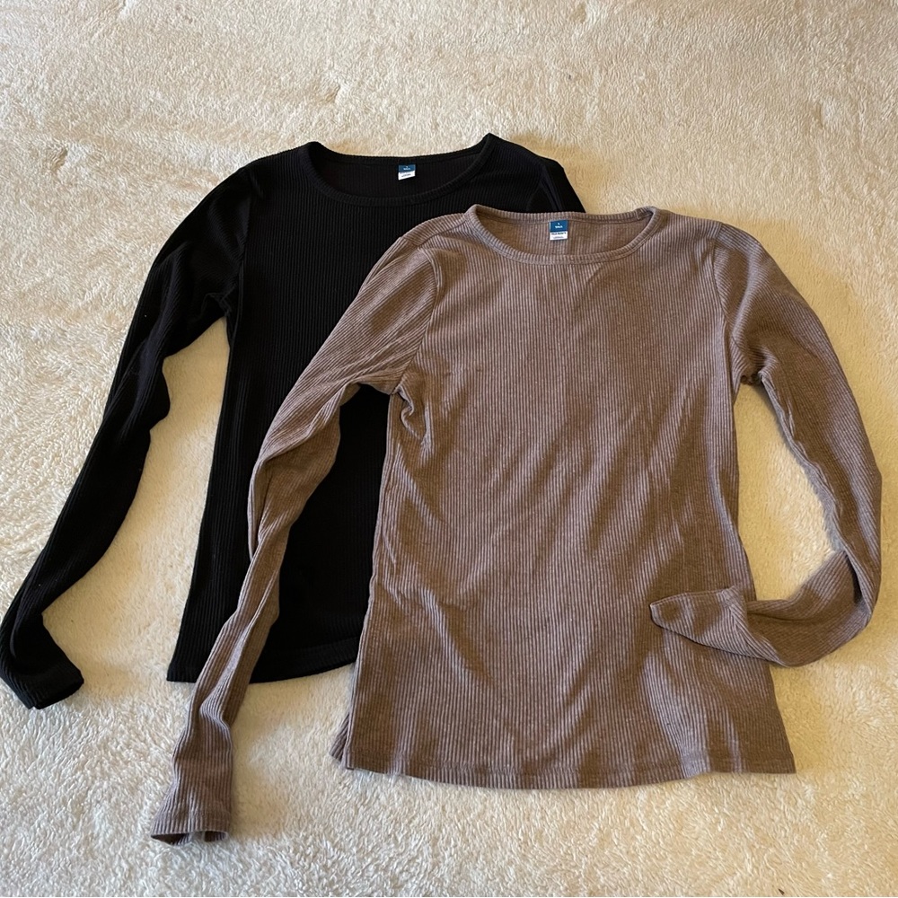 Plush Long-Sleeve Crew-Necks (Large Tall) - 2 tops included (black & mushroom)